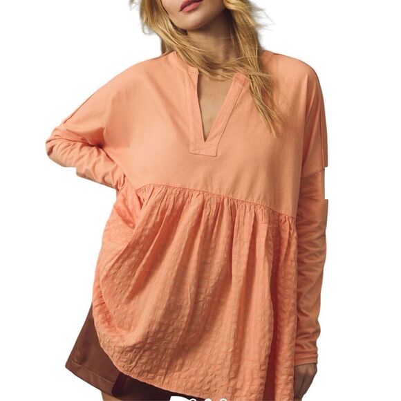 Anthropologie Tops - Anthropologie Pilcro Long-Sleeve Babydoll Top blouse gingham light orange Medium